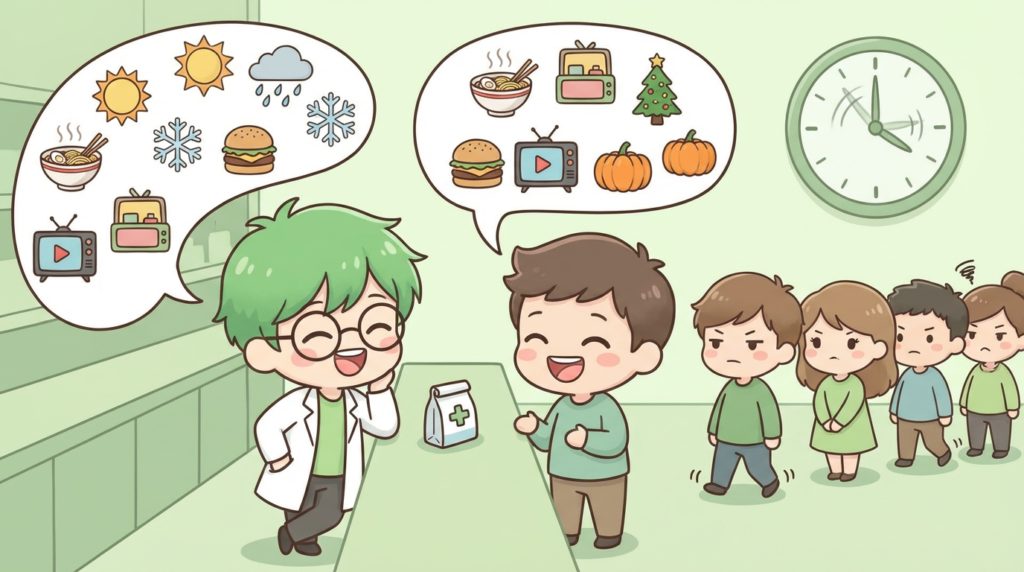 投薬　遅い　原因　世間話　写真