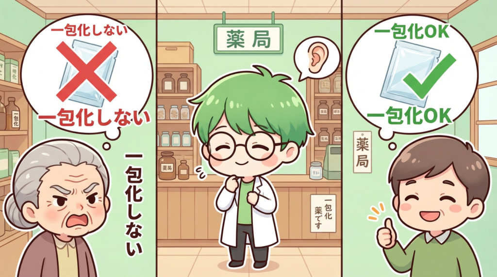一人薬剤師 一包化 注意が必要な薬 患者の好み 写真