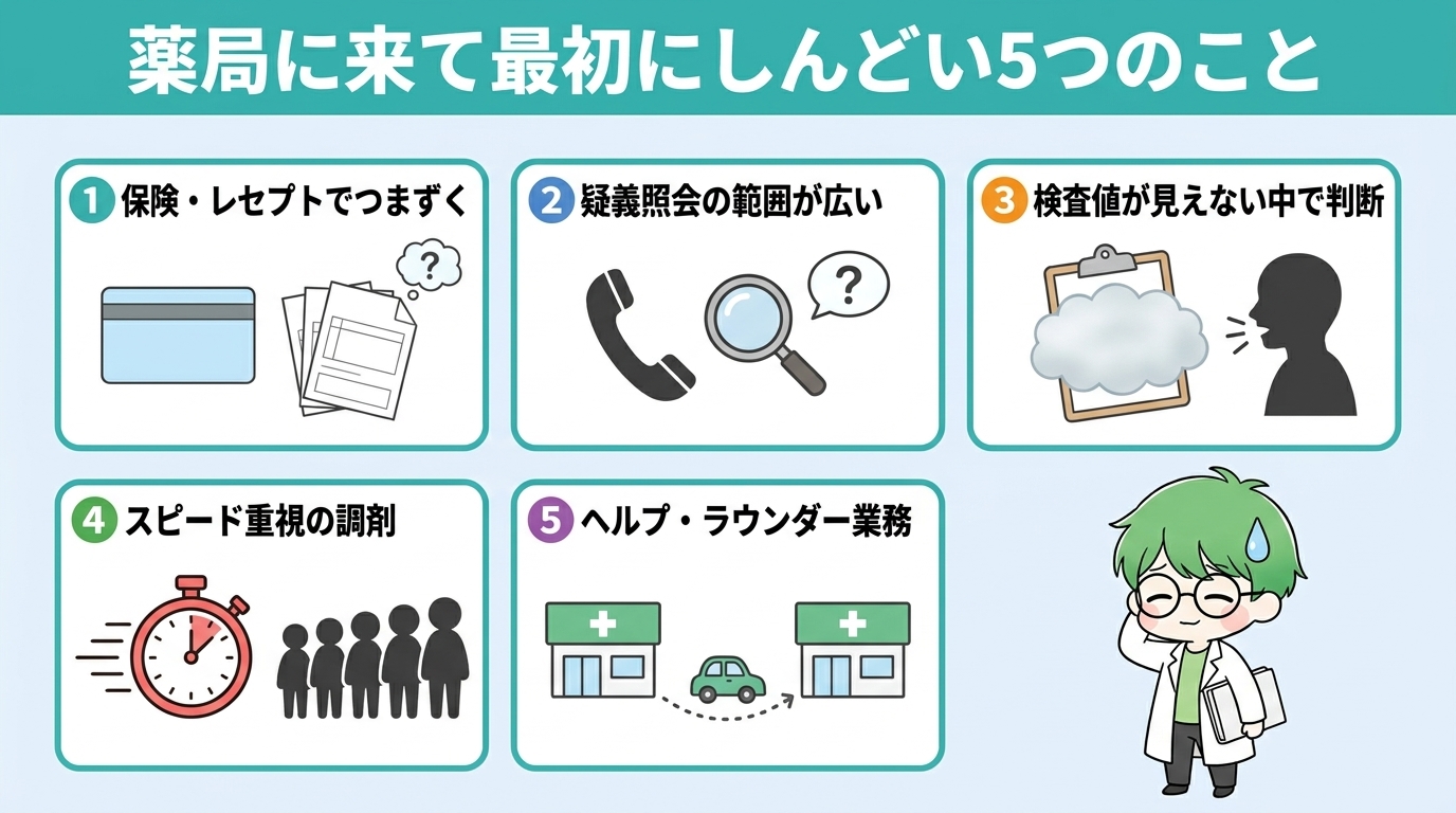 薬局に来て最初にしんどいと感じる5つのことのインフォグラフィック
