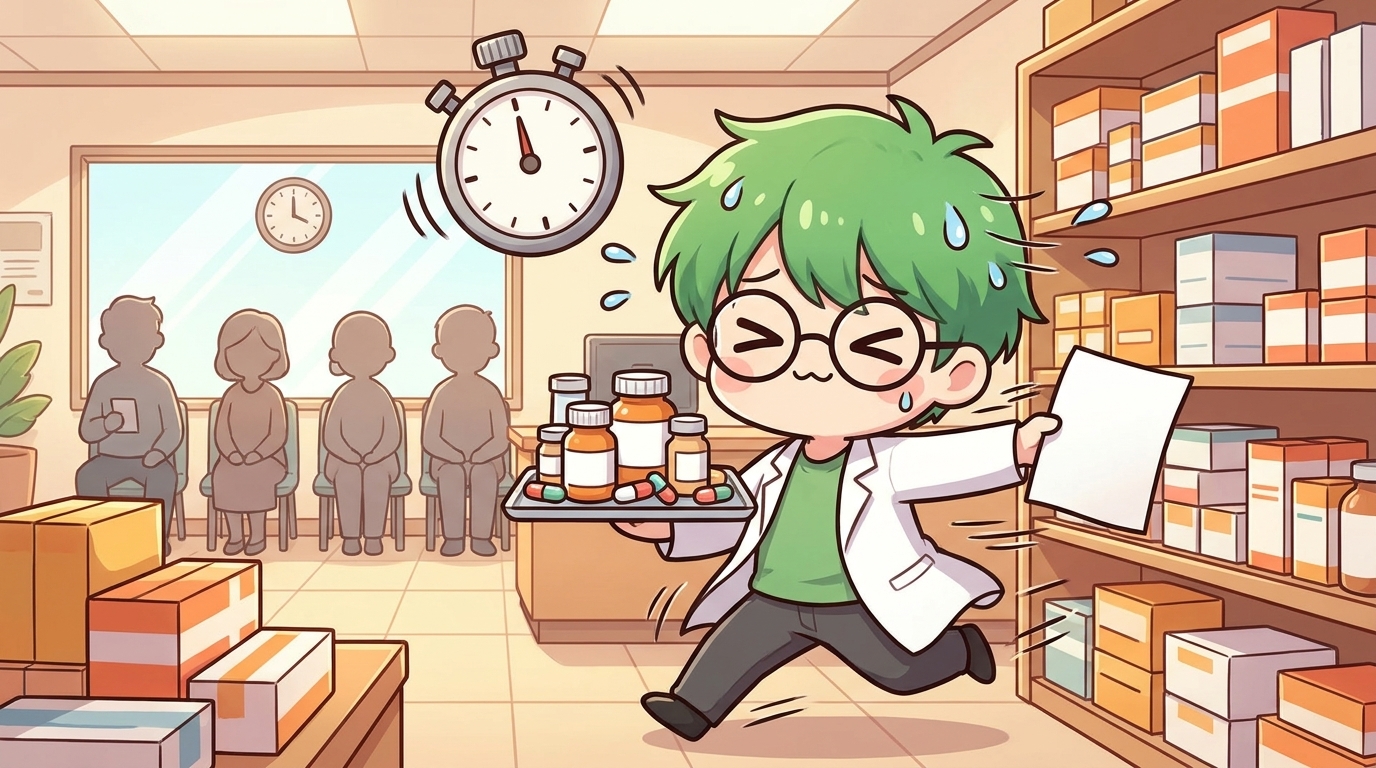 スピード重視の調剤に慣れるまで忙しく動き回る薬剤師