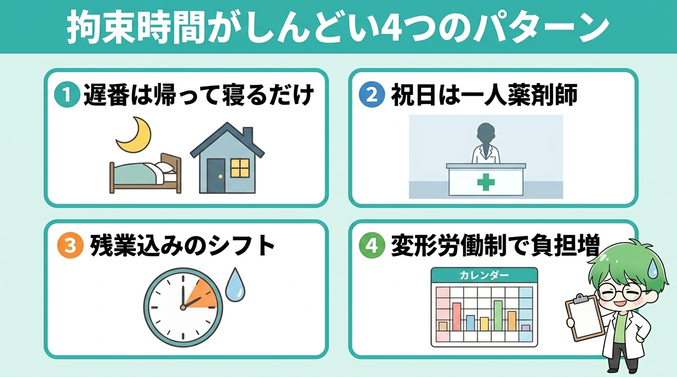 拘束時間がしんどい4つのパターンのインフォグラフィック