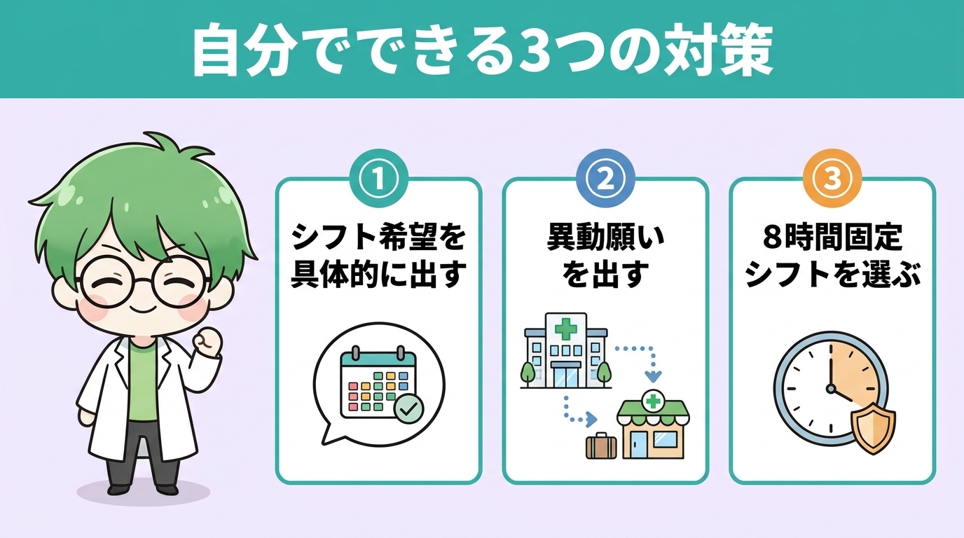 拘束時間がしんどいときに自分でできる3つの対策のインフォグラフィック