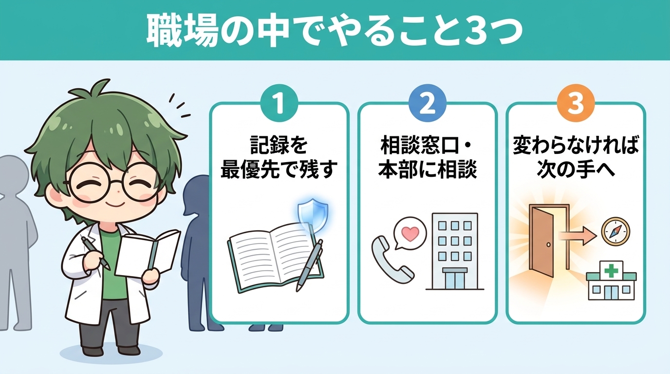 パワハラかもと思ったときに職場の中で自分でできる対策3つのインフォグラフィック